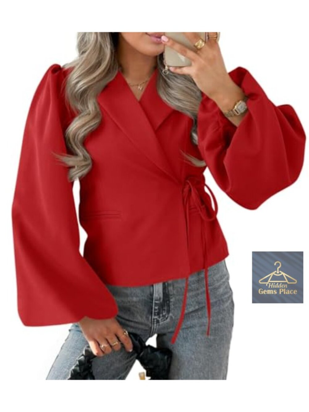 Women's Puff Sleeve Blazer V Neck Wrap Cropped Trench Work Office Casual Jacket